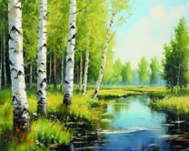 Речка через берёзовую рощу