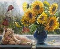 Без бренда «Подсолнухи в синей вазе возле кота» в Пензе