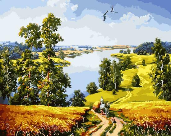 Картина по номерам 40x50 Летний пейзаж с рекой и пшеничный полем