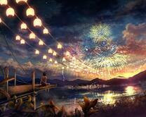 Девочка смотрит на салют над озером