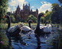 Серые лебеди на озере у замка