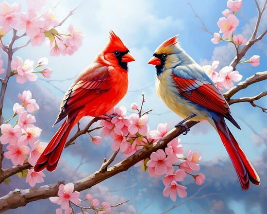 Картина по номерам 40x50 Яркие птицы на цветущей яблоне
