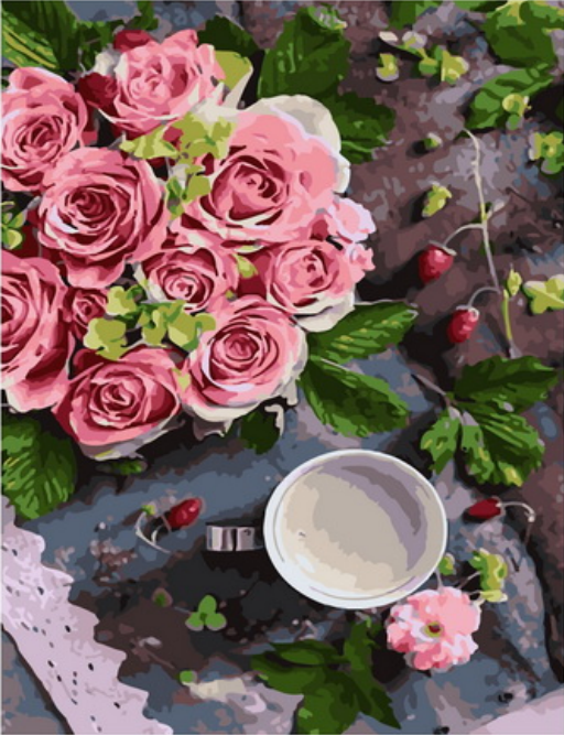 Картина по номерам 40x50 Букет роз, кофе и земляника