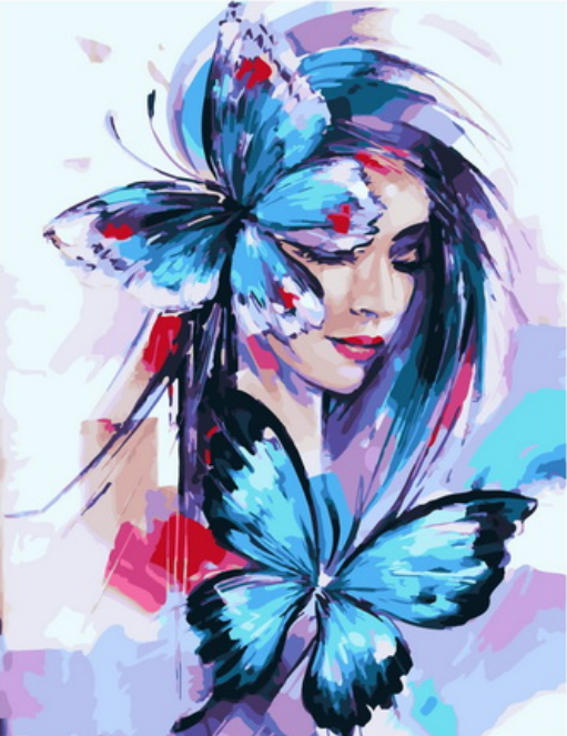 Картина по номерам 40x50 Девушка с сиреневыми волосами и большие бабочки