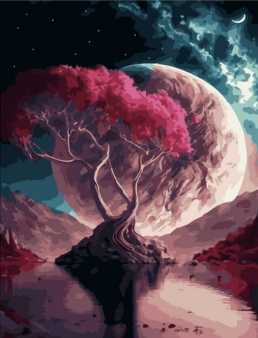 Картина по номерам 40x50 Розовое дерево на фоне большой луны