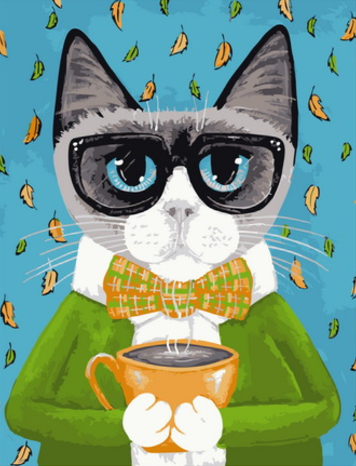 Картина по номерам 40x50 Серьезный кот в очках и чашкой кофе