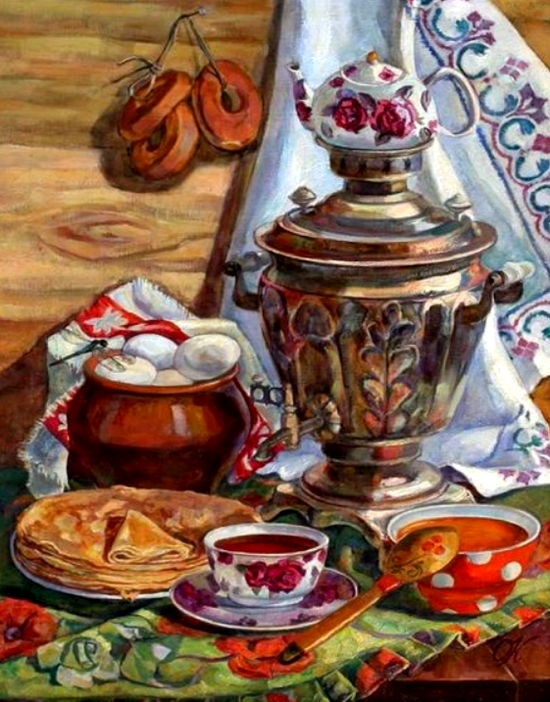 Картина по номерам 40x50 Блинчики с чаем и вареньем