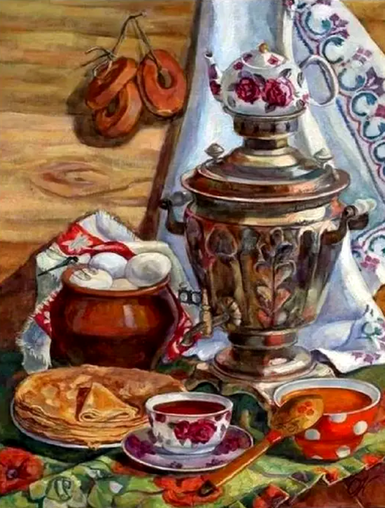 Картина по номерам 40x50 Блины, варенье и чай з самовара