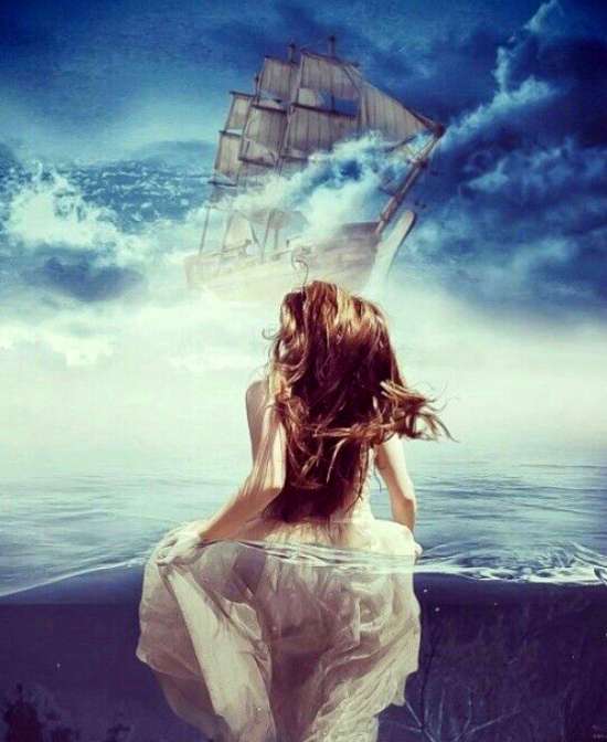 Картина по номерам 40x50 Девушка в море и корабль в облаках
